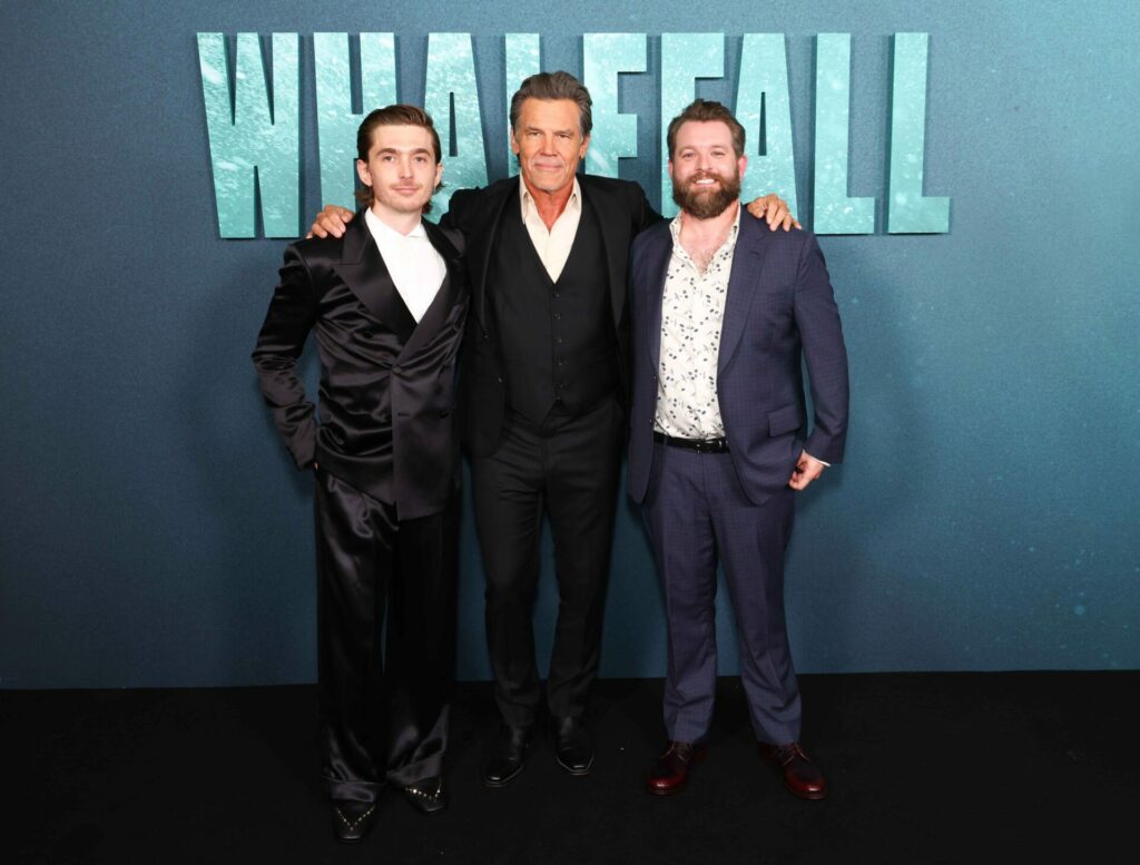 Austin Abrams, Josh Brolin and Daniel Kraus in suits at a London screening of Whalefall this week